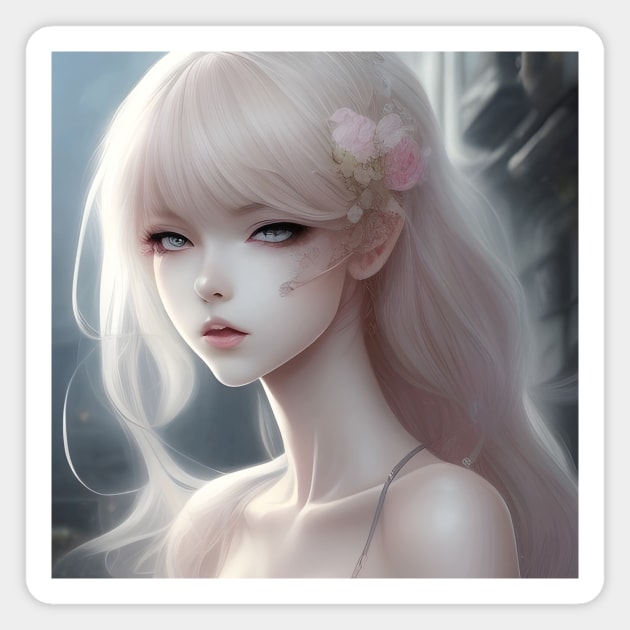 White Hair Anime Girl Style Cute Magnet by animegirlnft